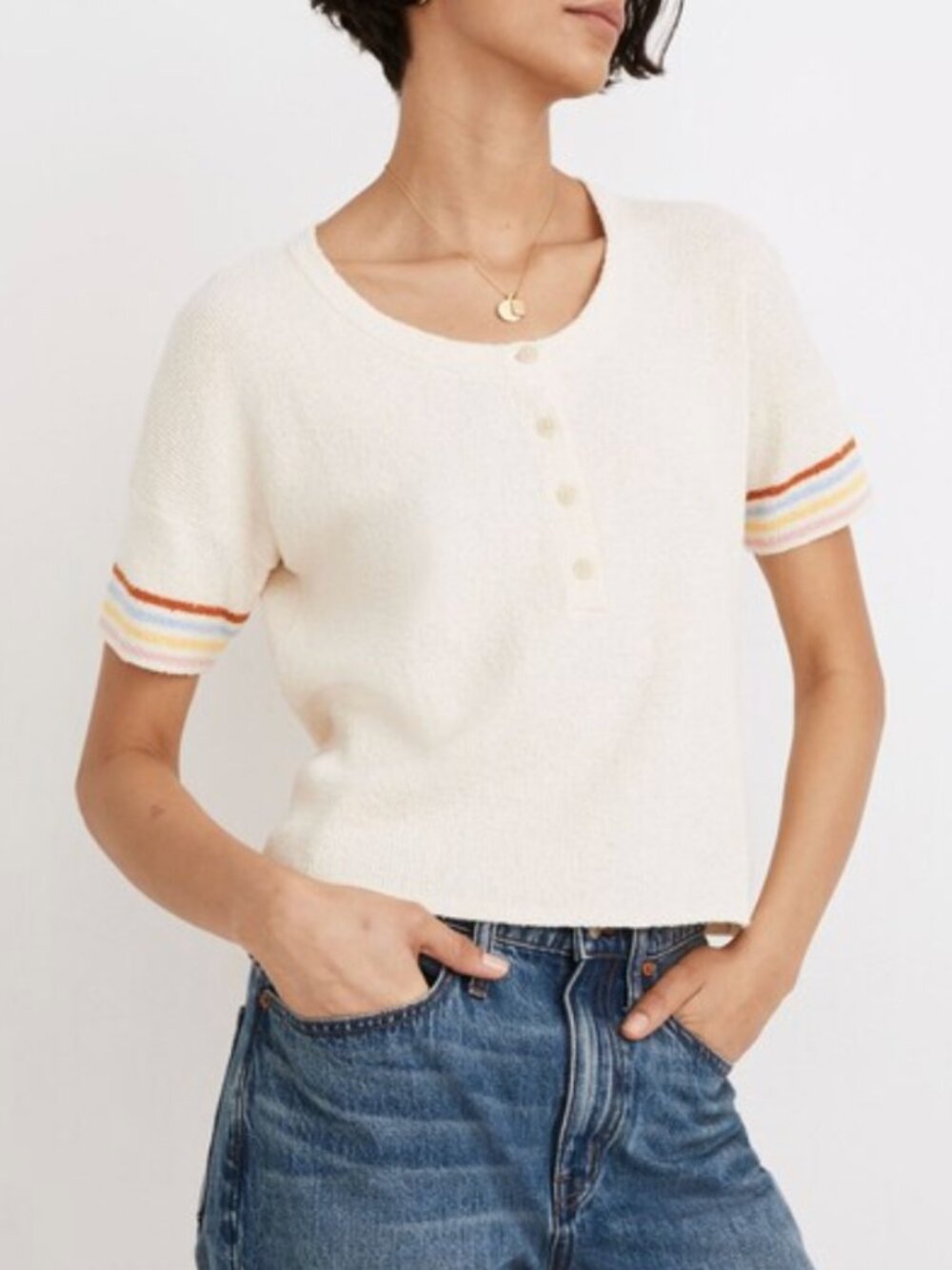 Madewell Women's Size XS Cream Henley Sweater Tee in Rainbow Stripe Style AM303